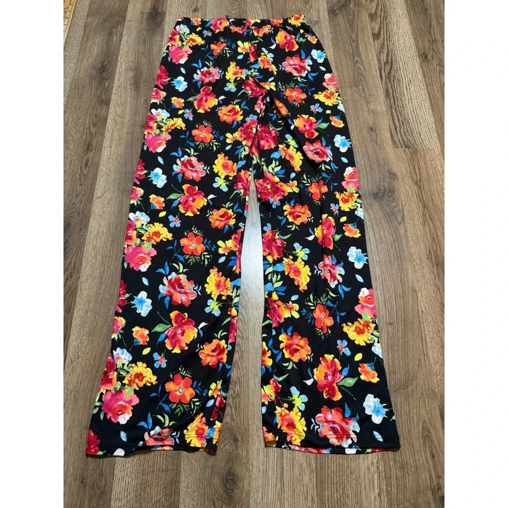 Bobbie Brooks Sleepwear Womens Size S Black Floral Pajama Pants Wide Leg